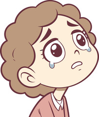 Brown-haired child looking up sadly with glassy eyes and light blush expressing silent sorrow and hope