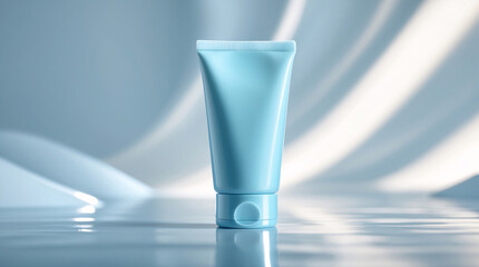 blue cosmetic product tube mockup closeup photo for skincare packaging isolated on white background in daylight lighting product display design template