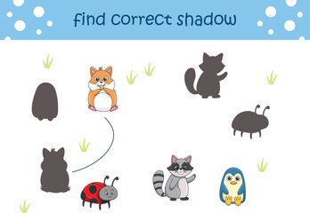 Funny cartoon wild life. Find the correct shadow. Kids Education games. Cartoon vector illustration