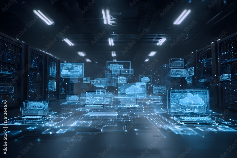 Aufkleber digital illustration of an advanced data center with multiple laptops and digital screens, surrounde