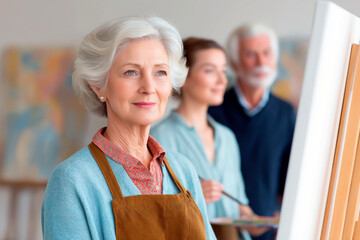 Confident senior woman wearing apron standing in front of canvas during art class with other people painting in background
