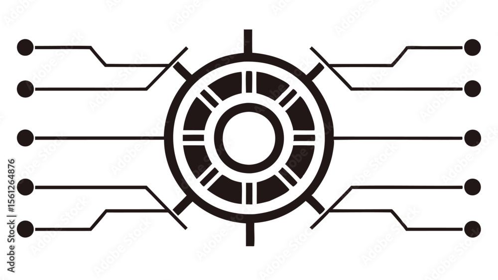 Poster abstract black and white circular design with lines and dots connecting to the center ring shape
