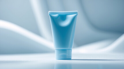 blue plastic skincare tube mockup closeup photo on white background with soft daylight for cosmetic product branding design product display design template