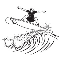 Surfer enjoying a wave crest riding a surfboard in dynamic black and white illustration