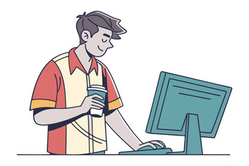 Fototapeta premium Smiling young man in casual clothing holding a coffee cup while using a computer and mouse illustrating modern work or leisure activities