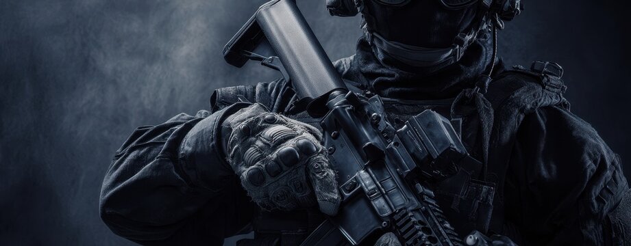 The soldier in tactical gear holding a modern firearm against a dark backdrop.
