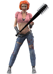 3D render of a fierce woman with red hair, wielding a spiked bat. She wears blood-stained jeans and a plaid crop top, in a defiant, aggressive combat-ready pose. 3D Illustration