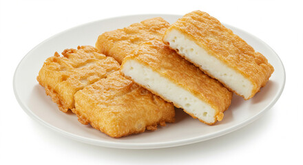 Three pieces of breaded, fried fish, or similar food, displayed on a white plate against a white background.
