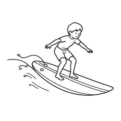 Fototapeta premium Vector illustration of a young boy surfing on a surfboard in black and white