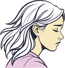 Girl with white hair and lowered head in gentle sorrowful expression showing reflective sadness