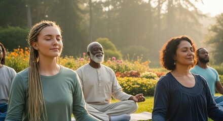 Group of people meditating outdoors in a park with trees and flowers in the background during daytime