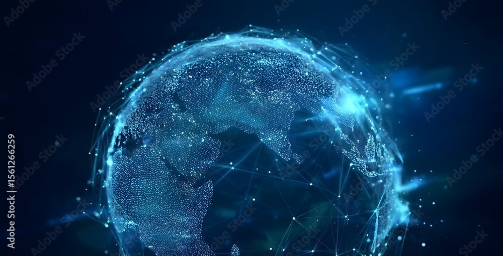 Poster a digital globe with blue light and network connections, representing global connectivity and data t