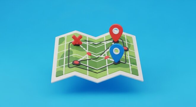 3D Render of a Folded Map with Location Pins, Route Planning and Navigation Concept