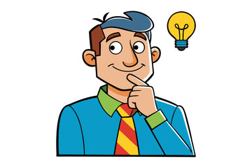 Cartoon businessman with chin resting on his hand thinking about a bright idea represented by a glowing light bulb above his head