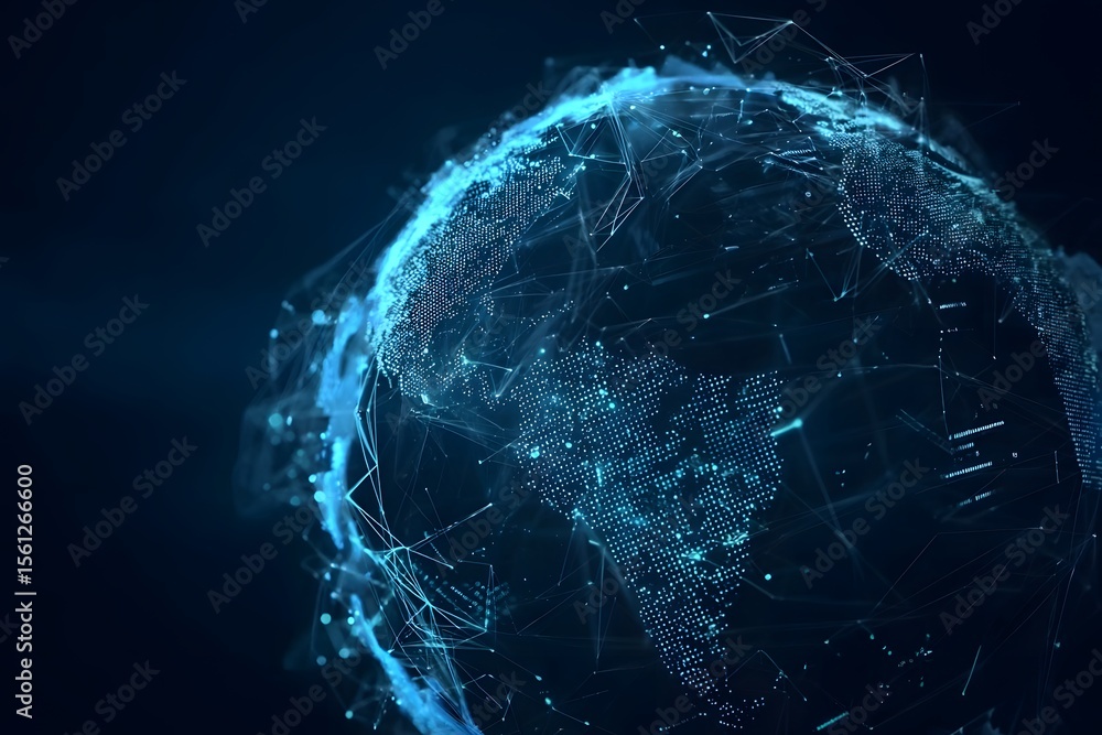 Poster a digital globe with blue light and network connections, representing global connectivity and data t