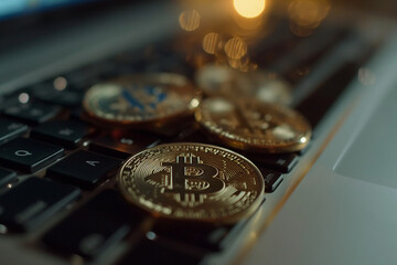 Cryptocurrency coins laid on a computer keyboard during nighttime, showcasing digital currency and technology in action. Generative AI