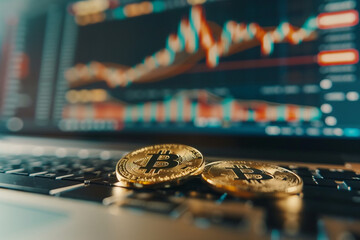 Digital currency trends showcased on a laptop with Bitcoin coins in the foreground during evening trading hours. Generative AI