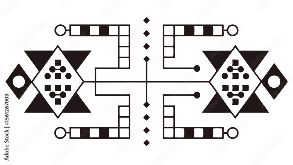 Poster symmetrical abstract design featuring geometric shapes and connecting lines in black and white color