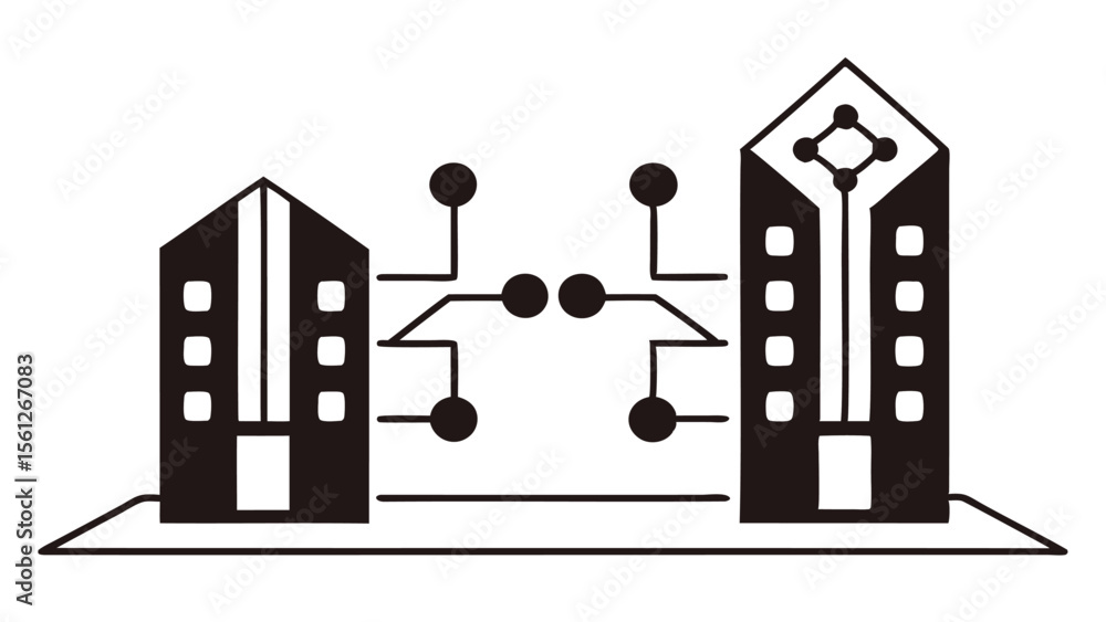 Poster illustration of two buildings connected by a network with circular nodes and linear connections