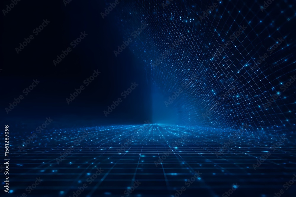 Fototapete abstract blue digital grid background with light rays and space for text. digital technology, big da