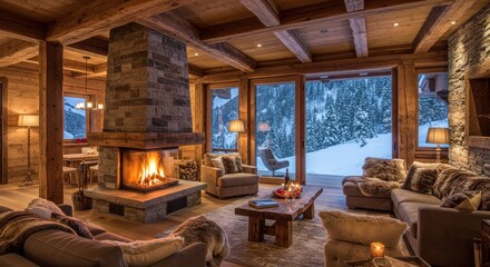 Cozy mountain cabin interior with stone fireplace and snowy forest view creating serene atmosphere
