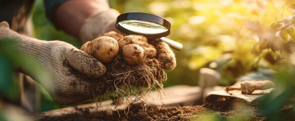 The gardener inspecting freshly harvested potatoes with a magnifying glass in sunlight.