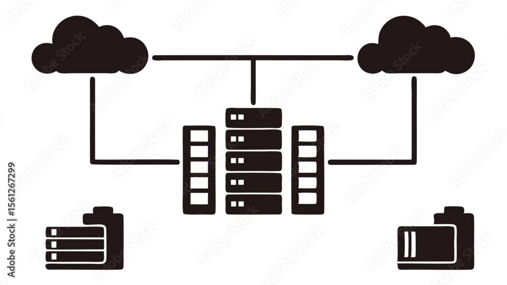 Poster illustration of cloud computing network with servers and storage connected in black and white style