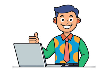 Happy cartoon businessman giving thumbs up next to laptop expressing success and approval in a professional setting