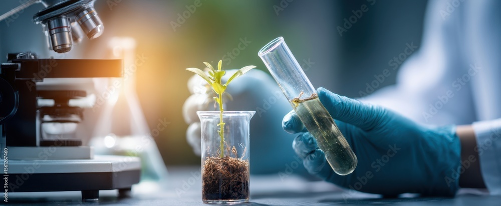 Poster the scientist conducting an experiment with plants and test tubes in the lab.