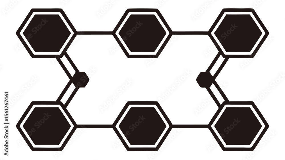 Poster geometric arrangement of black hexagons connected by lines forming a symmetrical structure design