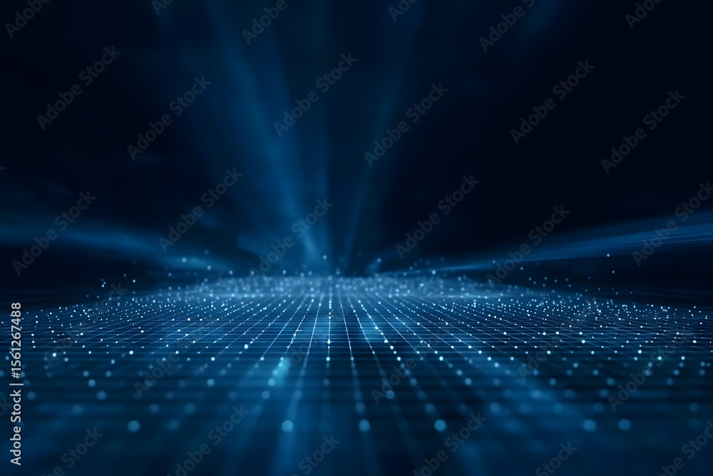 Fototapete abstract blue digital grid background with light rays and space for text. digital technology, big da