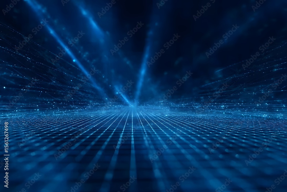 Fototapete abstract blue digital grid background with light rays and space for text. digital technology, big da