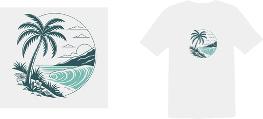 Tropical Beach Palm Tree and Ocean Wave Circle T-Shirt Design Vector