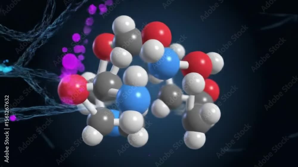Poster molecular structure animation: complex atom arrangement with dynamic particle effects