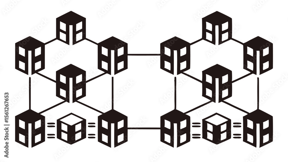 Aufkleber black and white illustration of a network of interconnected cubes forming a complex structure