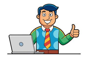 Smiling businessman giving a thumbs up gesture next to a laptop conveying success and positive work environment