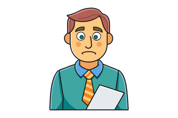 Cartoon man with worried expression holding a blank document wearing a teal shirt and striped tie