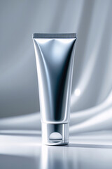 soft shadow photo of aluminum skincare silver tube closeup mockup on white clean background in natural daylight setup product display design template