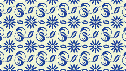Floral seamless pattern with blue decorative flowers and swirls on light background
