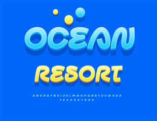 Vector Touristic board Ocean Resort. Artistic Blue Font. 3D Unique Alphabet Letters and Numbers set.