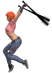 3D render of a fierce woman with red hair, wielding a spiked bat. She wears blood-stained jeans and a plaid crop top, in a defiant, aggressive combat-ready pose. 3D Illustration
