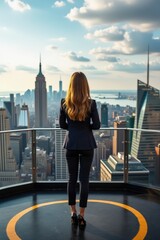 Naklejka na ściany i meble businesswoman back cityscape view concept. Woman overlooking city skyline from a rooftop observation deck.