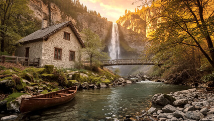 Fototapeta premium landscape of a rustic stone house nestled beside a river at the base of a mountainous waterfall