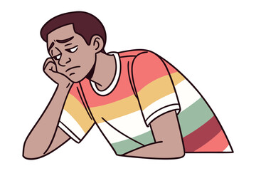 Weary World: A young man with dark skin, embodying a spectrum of emotions. Captured in the frame, the man rests his head in his hand while sporting a colorful t-shirt.