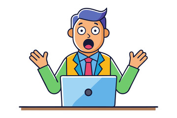 Shocked businessman reacts to surprising news on laptop with wide eyes and open mouth arms raised in astonishment