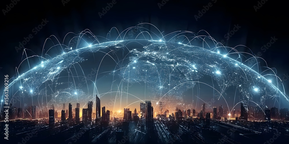Poster earth with global network connections linking cities across continents, symbolizing connectivity and