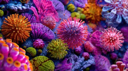 A vibrant microscopic world scene featuring various viruses and bacteria