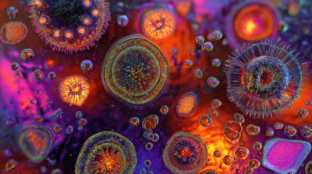 A vibrant microscopic world scene featuring various viruses and bacteria