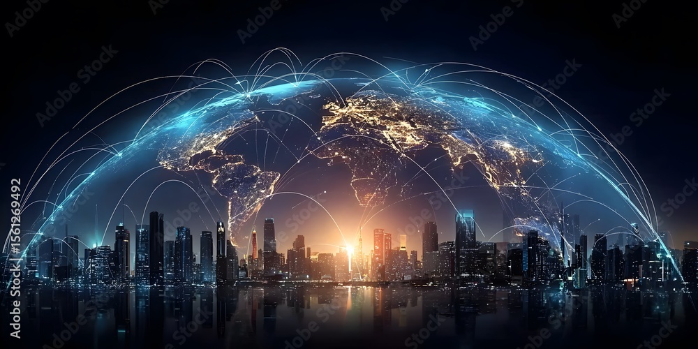 Poster earth with global network connections linking cities across continents, symbolizing connectivity and