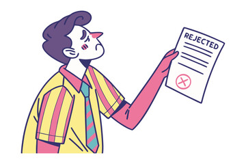 Disappointed cartoon man holding rejected paper with a red cross mark and sad expression on white background